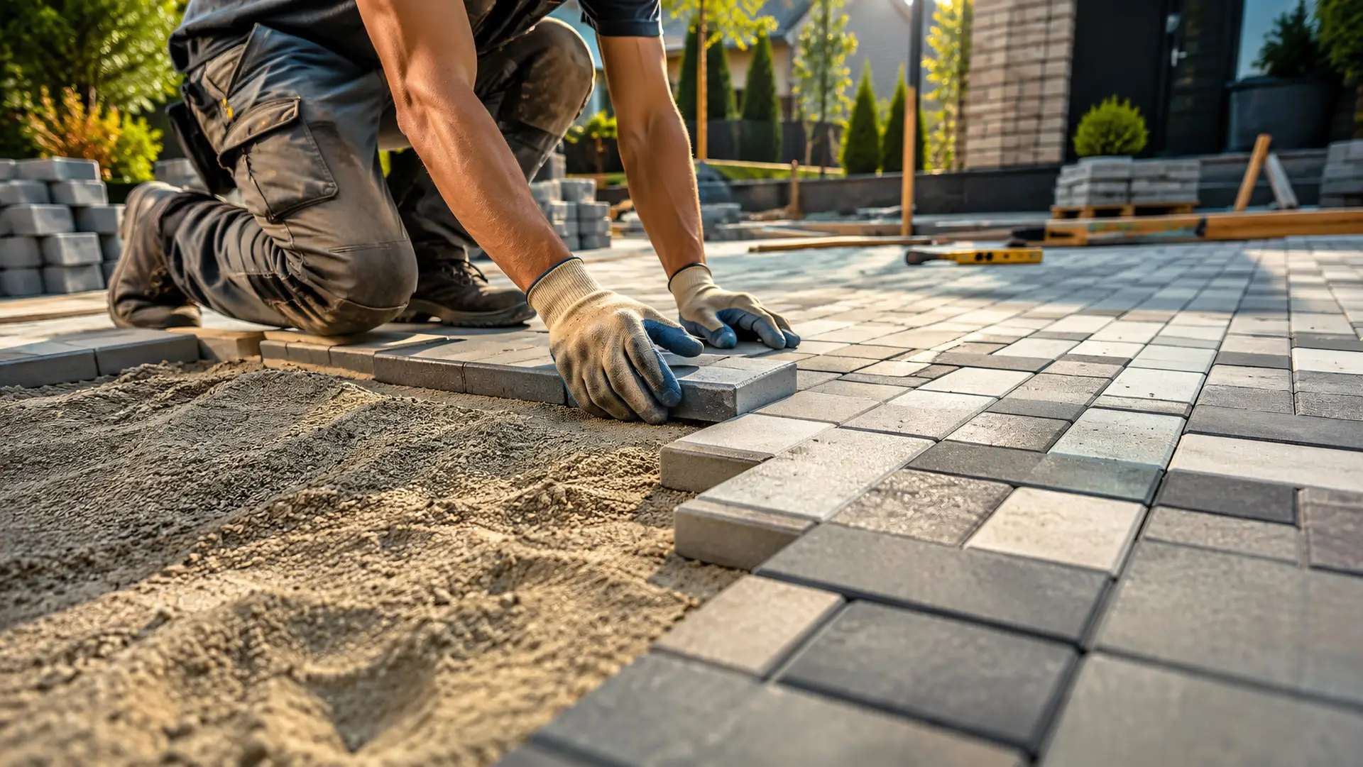 professional worker laying paving blocks on sand foundation. paver installing concrete stone brick driveway walkway. landscaping, patio renovation, hardscaping construction infrastructure